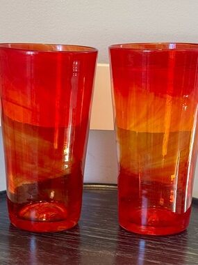 Set of 2 Vintage Hand Blown Glass Tumblers Gorgeous Reddish Orange Swirl Mint